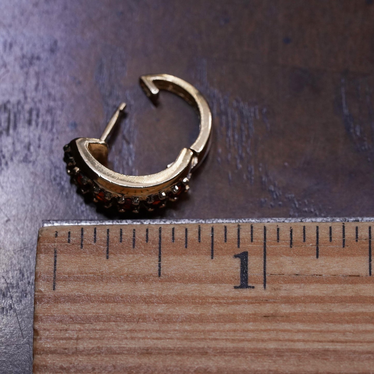 0.5”, Vintage vermeil gold sterling silver single earring, 925 huggie hoop ruby