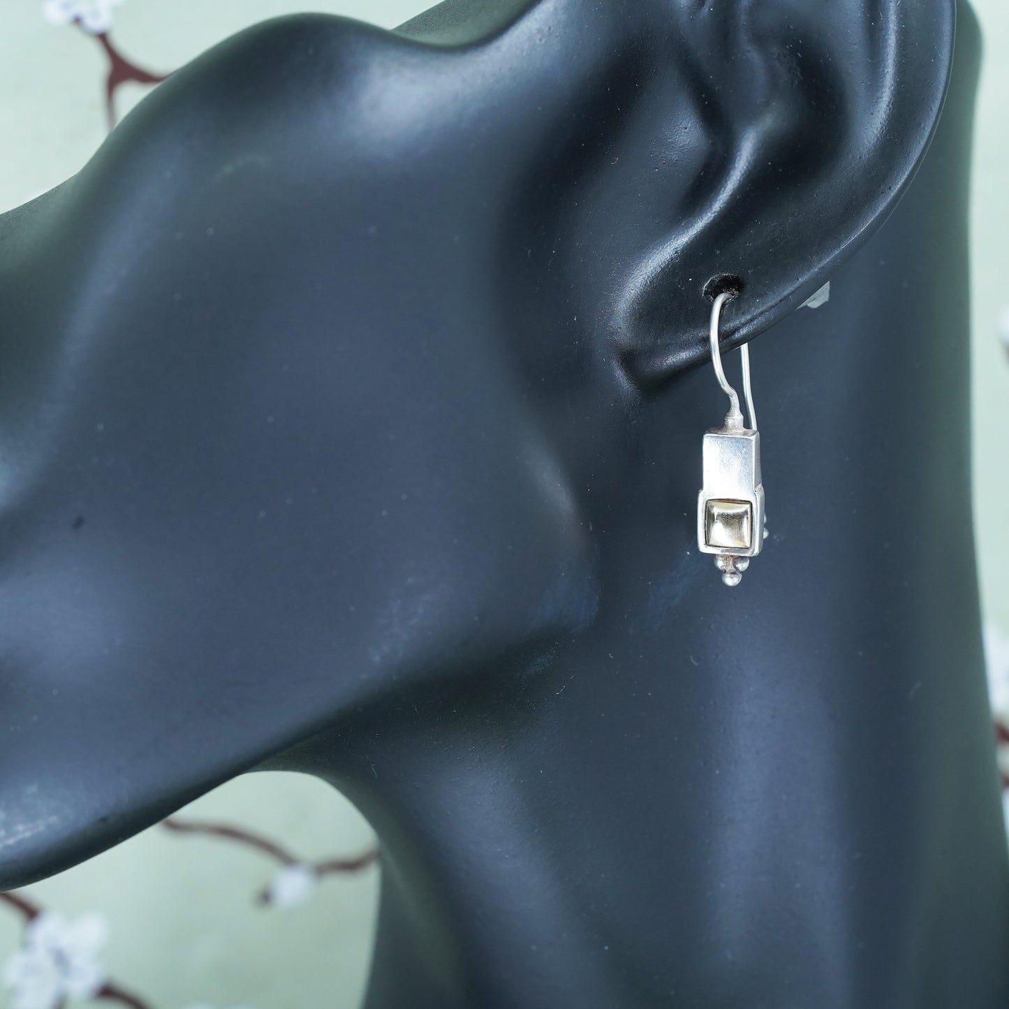 Vintage two tone Sterling 925 silver handmade earrings with 14K gold square