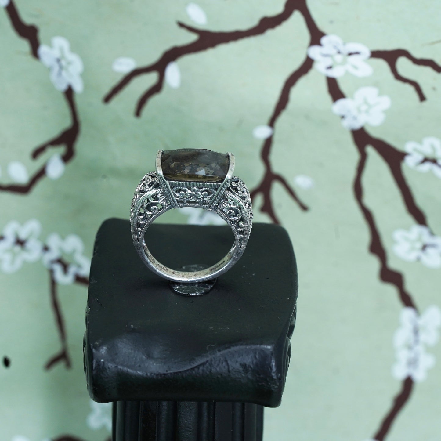 Size 8, sterling silver handmade filigree ring, 925 statement ring smoky topaz