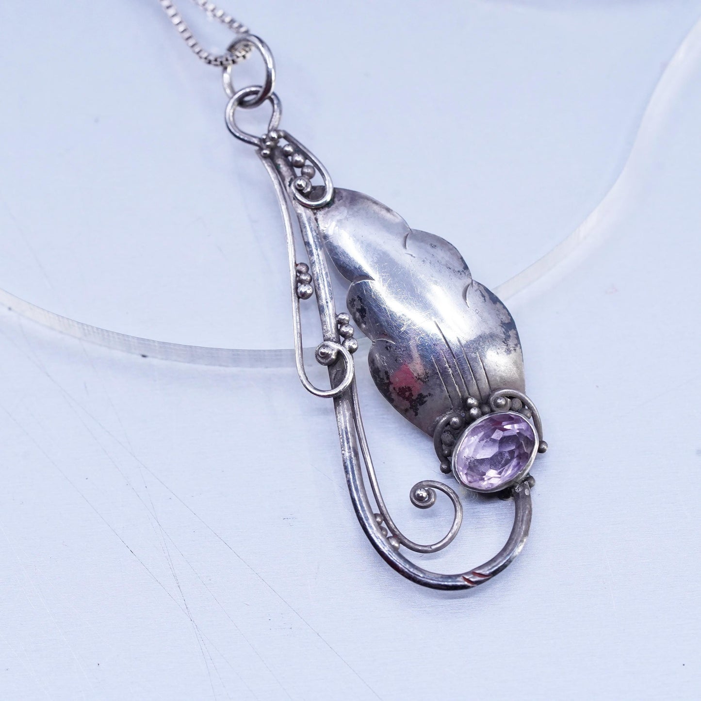 24", Vintage Sterling 925 silver box chain necklace teardrop amethyst pendant