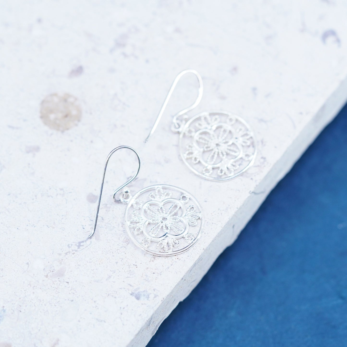 Vintage sterling silver handmade earrings, 925 filigree circle drop