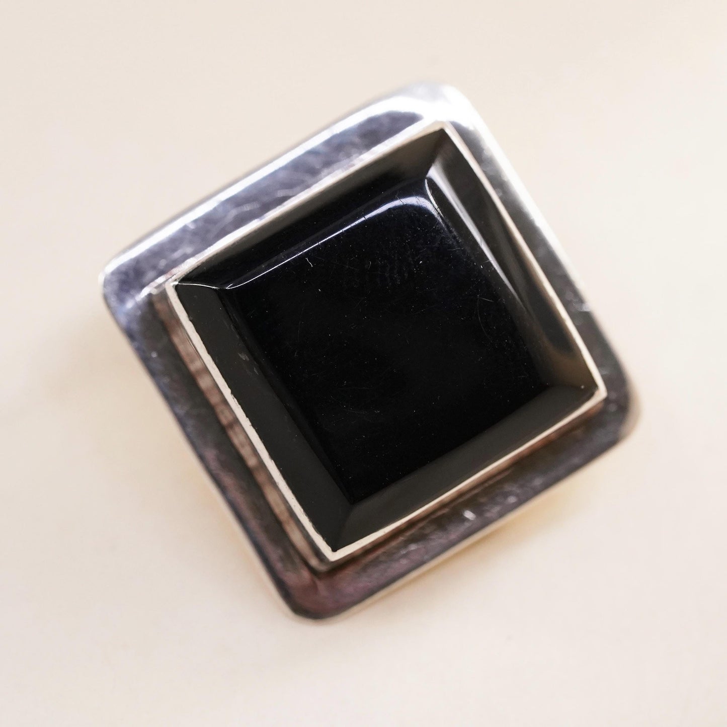Vintage Mexican sterling silver single earring, 925 silver square clip on onyx
