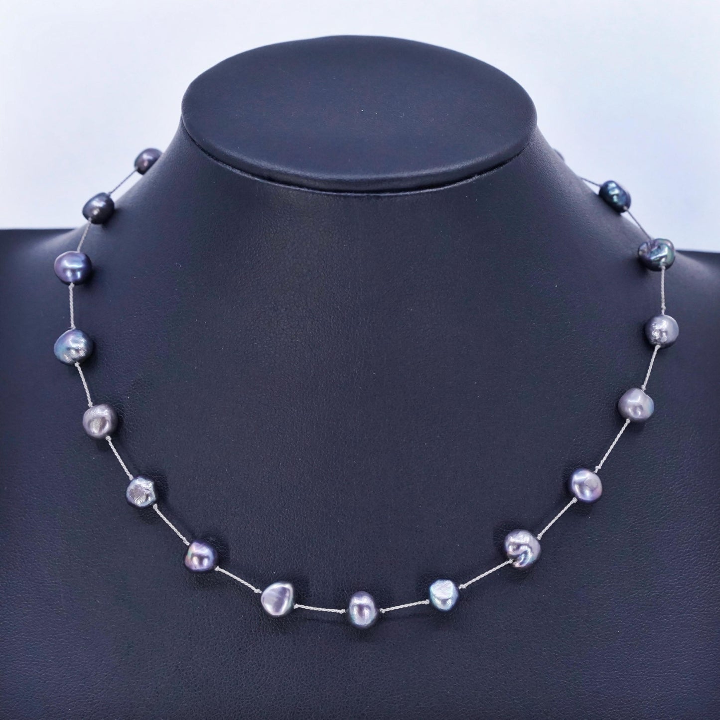 14”, vintage Sterling 925 silver handmade black pearl chain tennis necklace