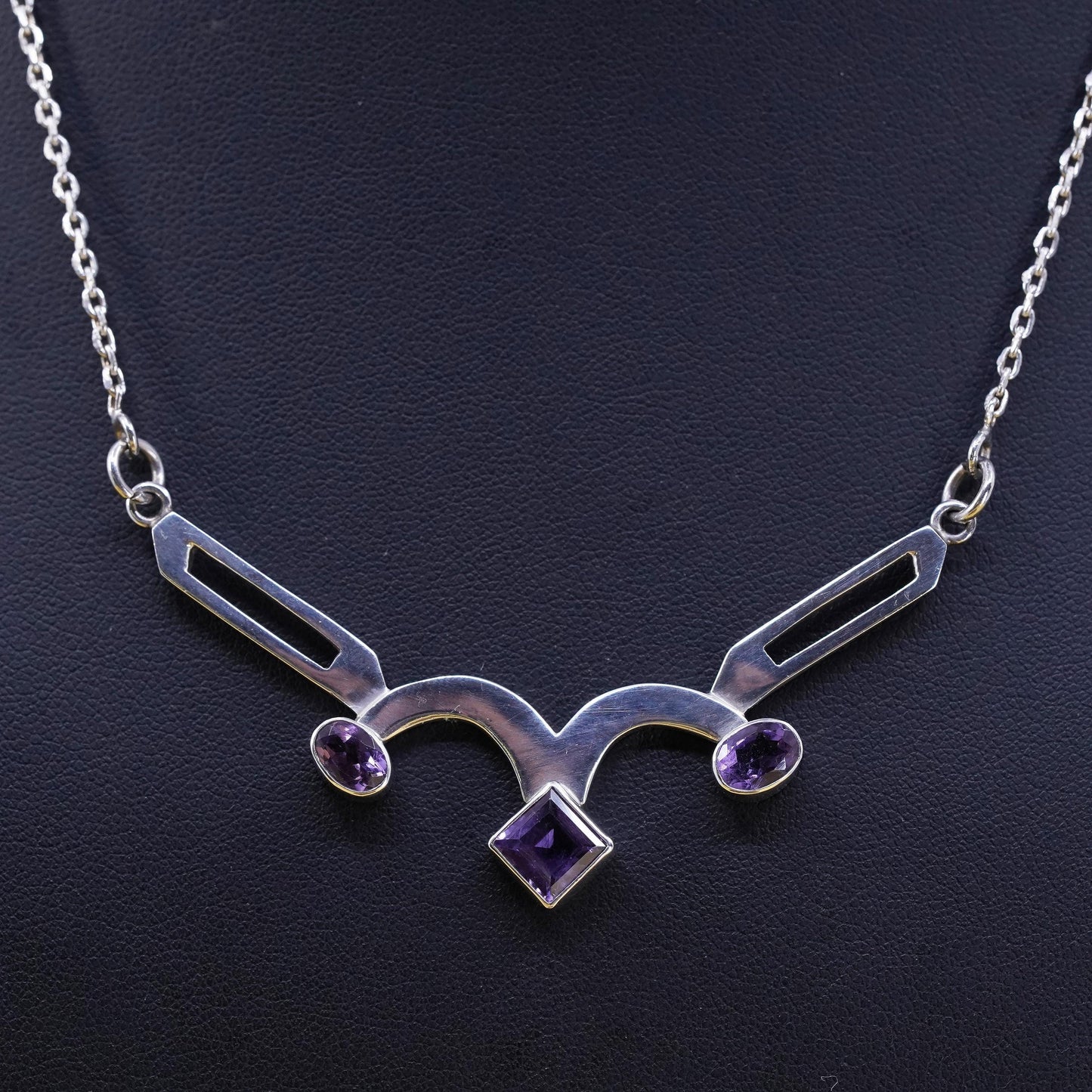 16", vintage sterling silver necklace, 925 circle chain with amethyst pendant