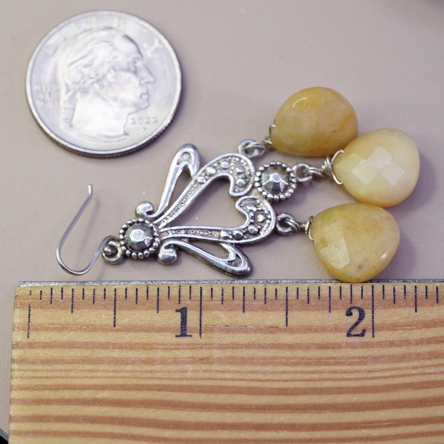 Vintage Sterling 925 silver handmade filigree earrings with teardrop citrine