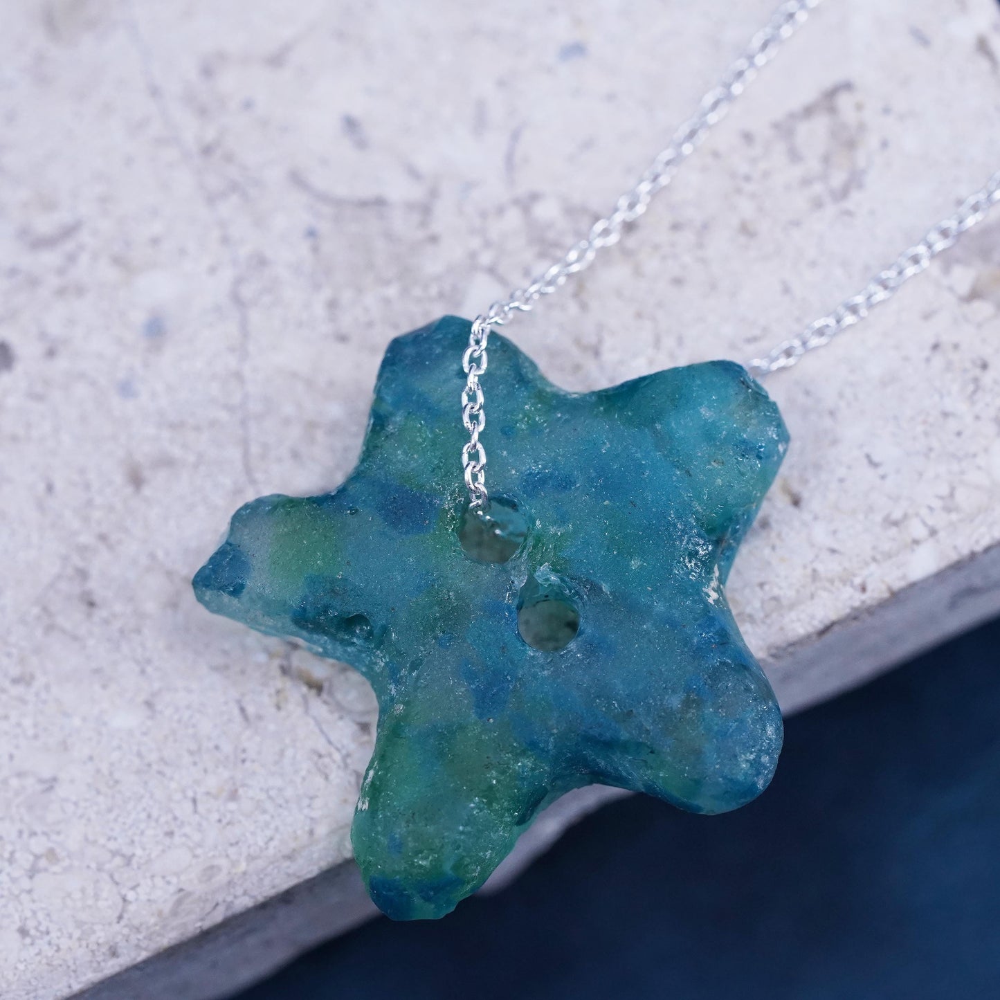 18”, vintage Sterling silver necklace, 925 circle chain glass starfish pendant