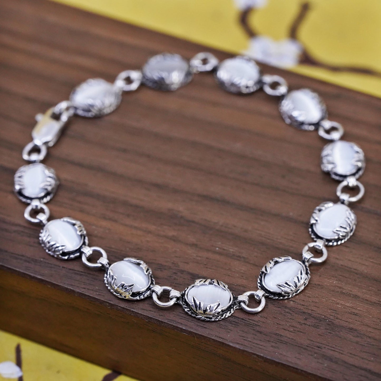7.25”, vintage Sterling 925 silver beads bracelet with white cat eye beads