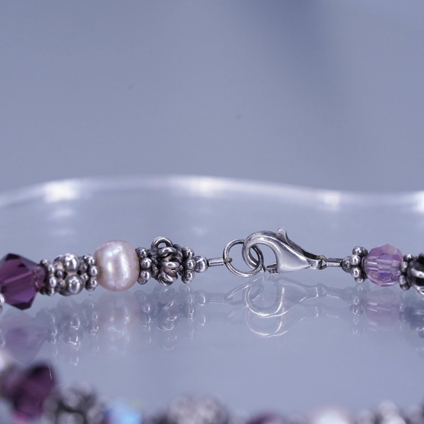 8”, vintage Sterling 925 silver handmade bracelet with pearl amethyst beads
