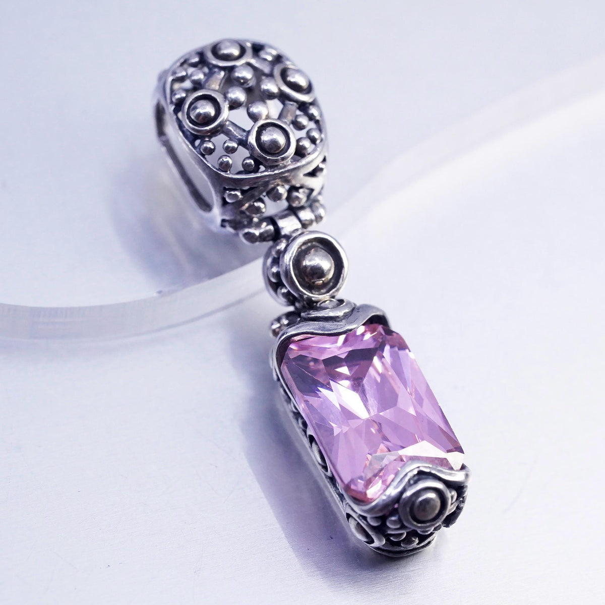VTG Sterling 925 Silver Pink Faceted Crystal Dangle Pendant Charm, Ornate Bali
