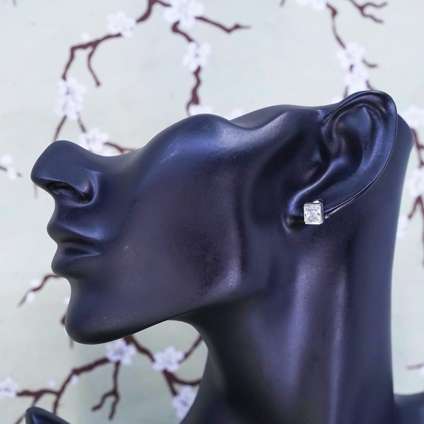 Vintage sterling 925 silver square cz studs, earrings