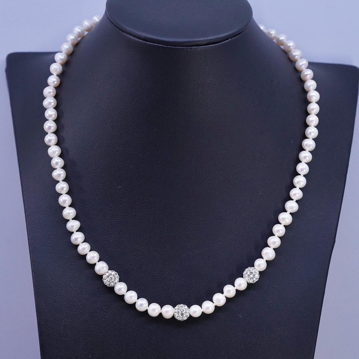 18", vintage Sterling 925 silver necklace 6mm freshwater pearl cluster cz beads