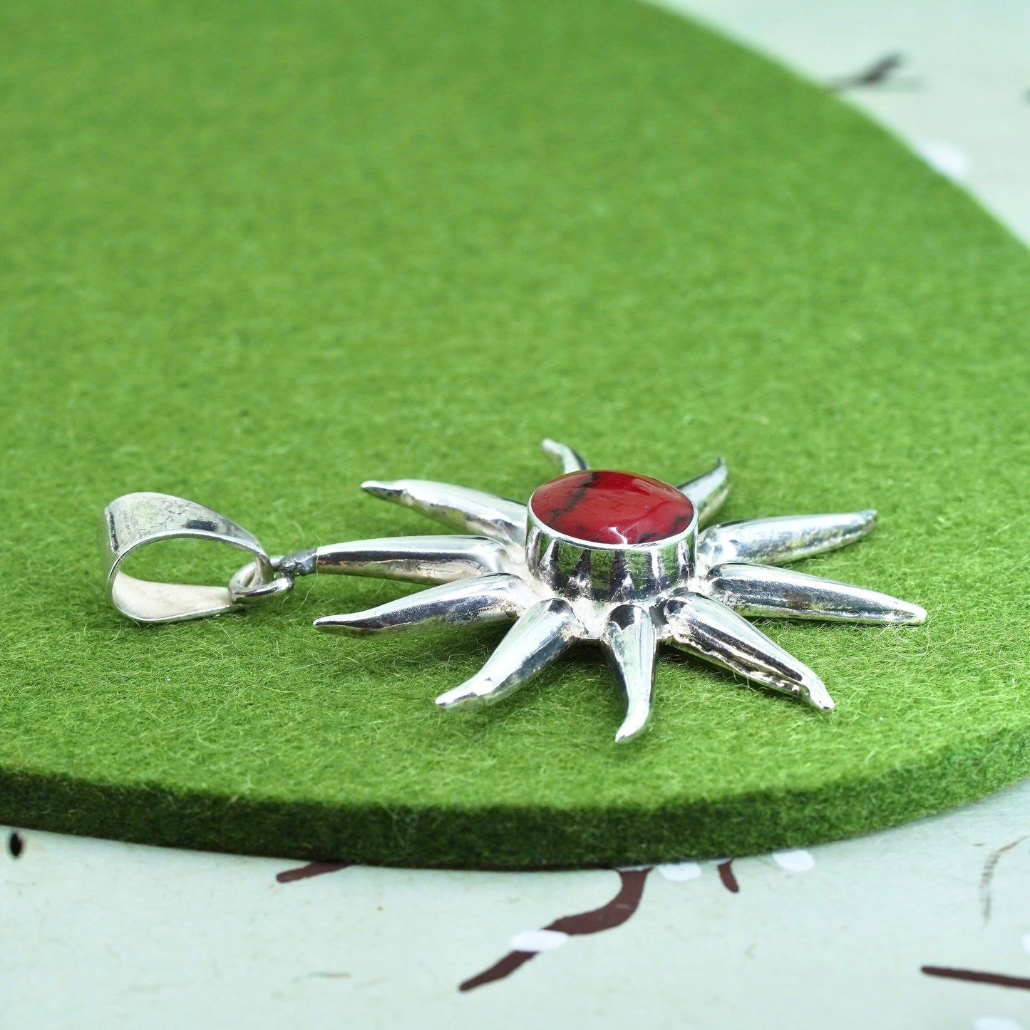 Vintage sterling 925 silver handmade sun pendant with red jasper