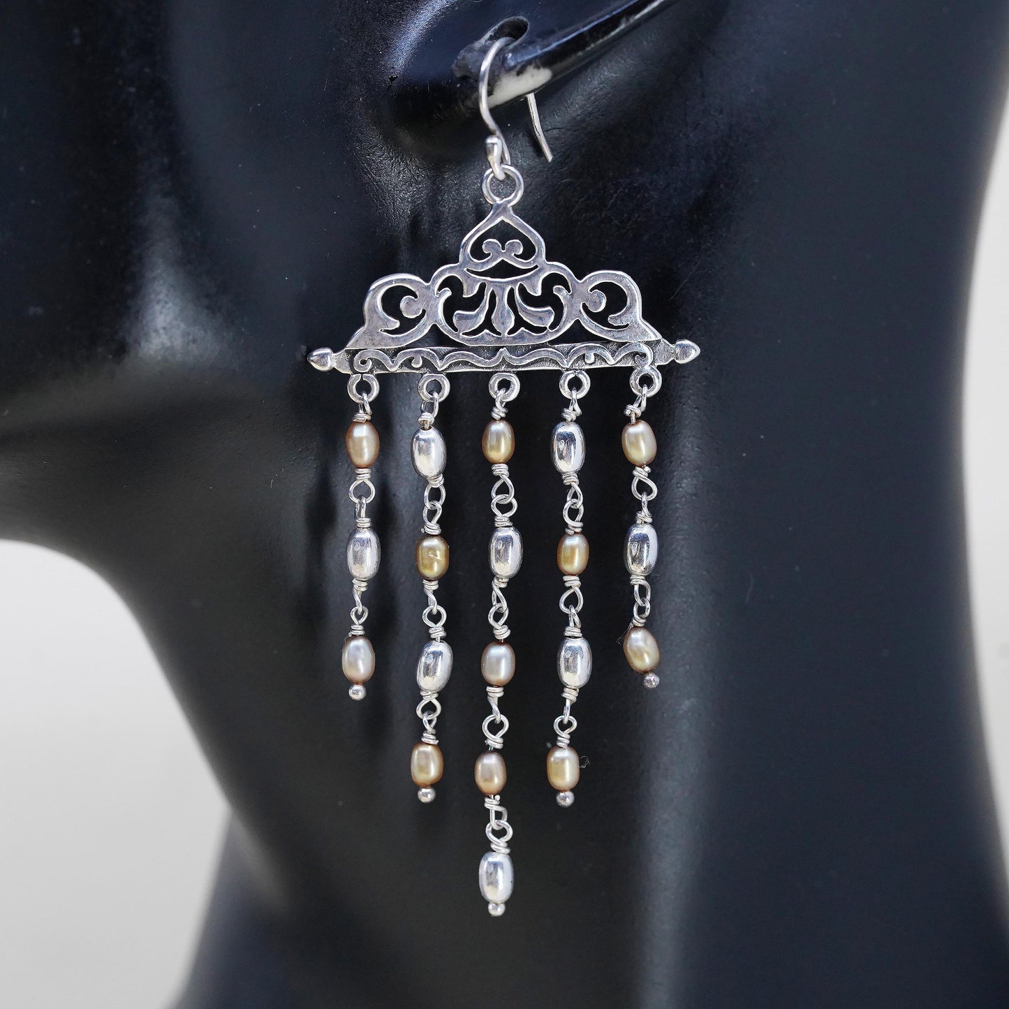 DP Doug Paulus Indian sterling silver 925 fringe earrings cluster pearl dangles
