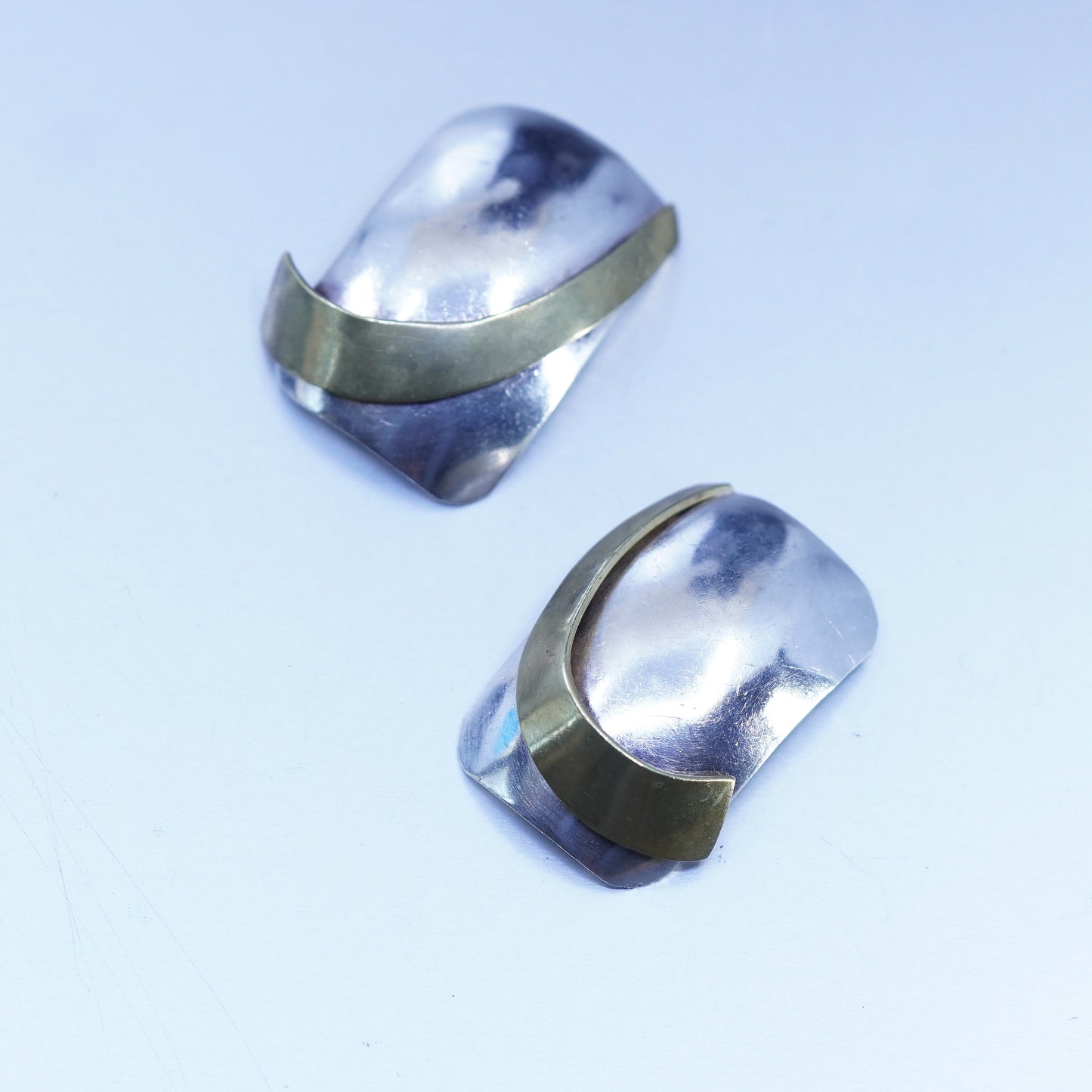 Mexican two tone Sterling 925 silver handmade earrings, clip on w/ brass curve