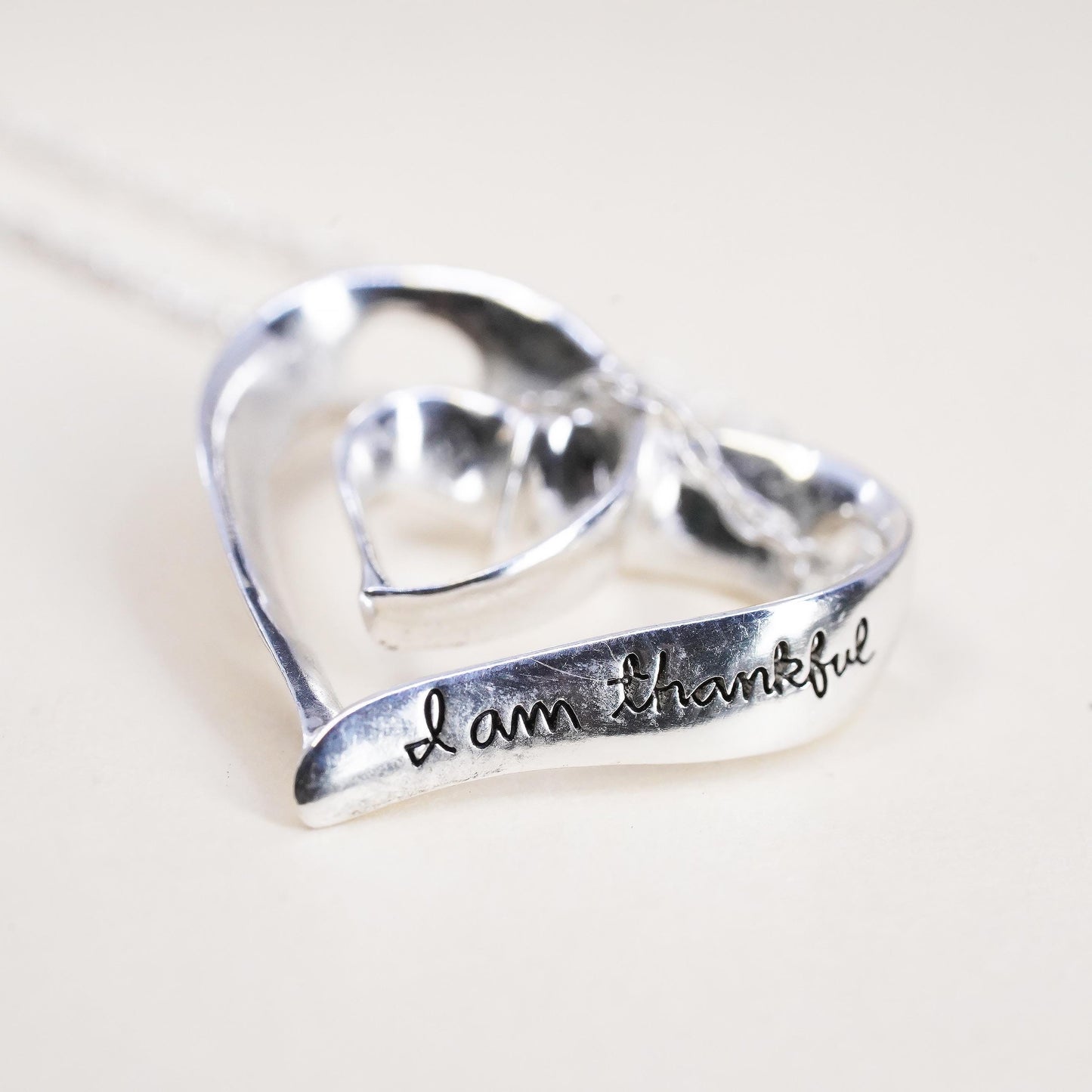 18", Sterling silver necklace, 925 heart pendant embossed I’m thankful your
