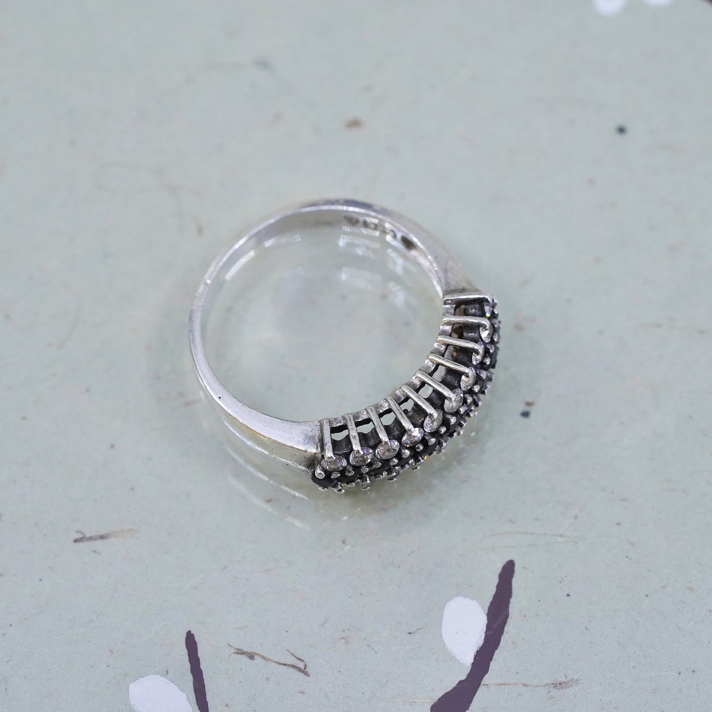 Size 8, Sterling 925 silver ring with cluster sapphire and cz, statement band