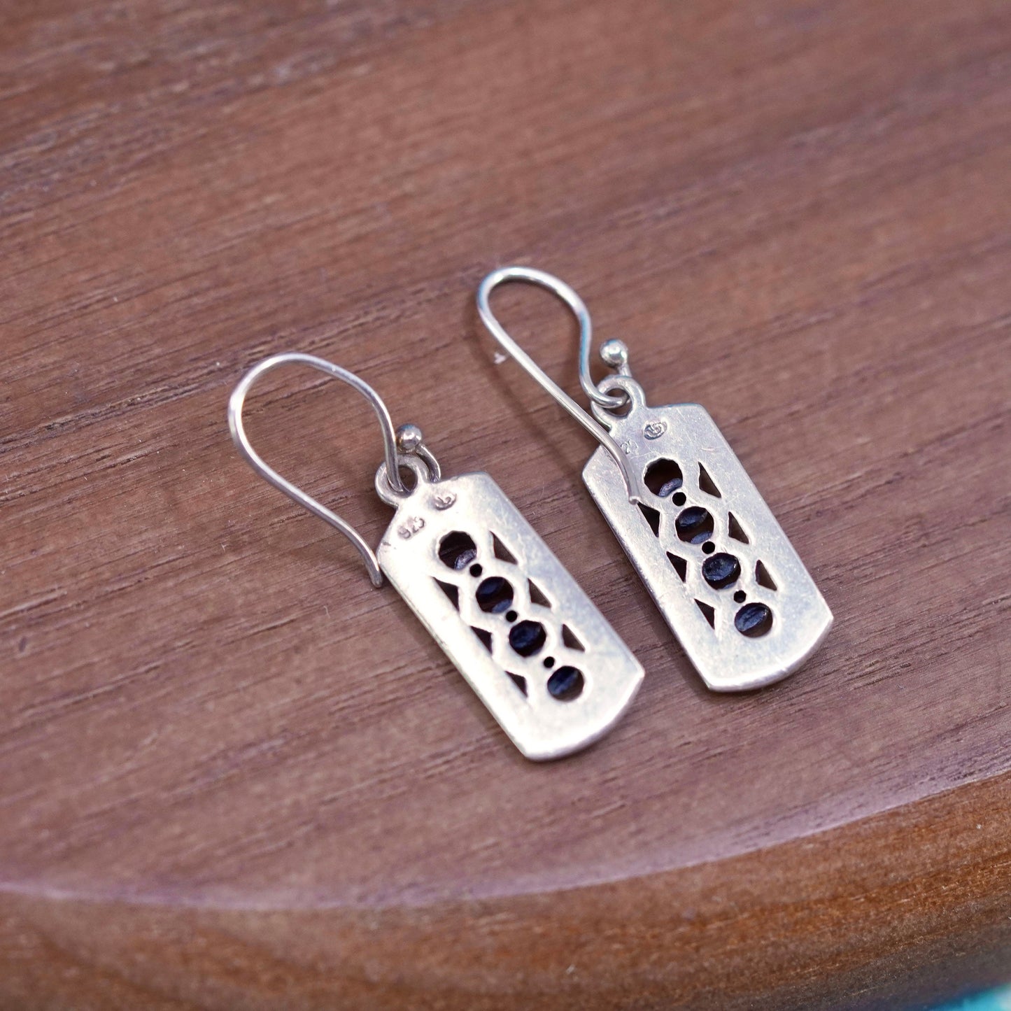 sterling silver handmade earrings, 925 rectangular dangles w/ marcasite inlay