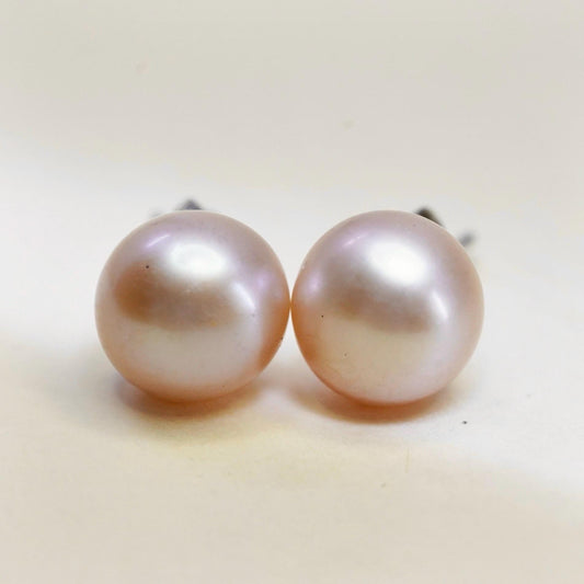 8mm, Vintage sterling silver handmade earrings, 925 studs pink freshwater pearl