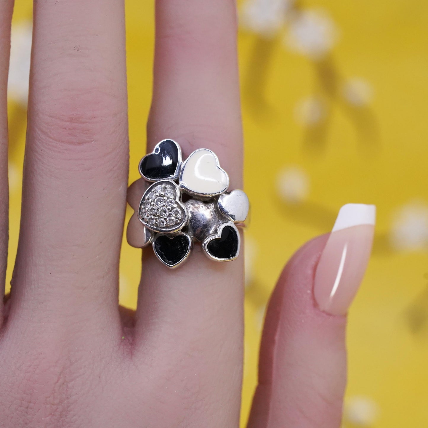 Size 6.25, Folli Follie 925 Sterling Silver 925 cluster heart ring onyx and cz