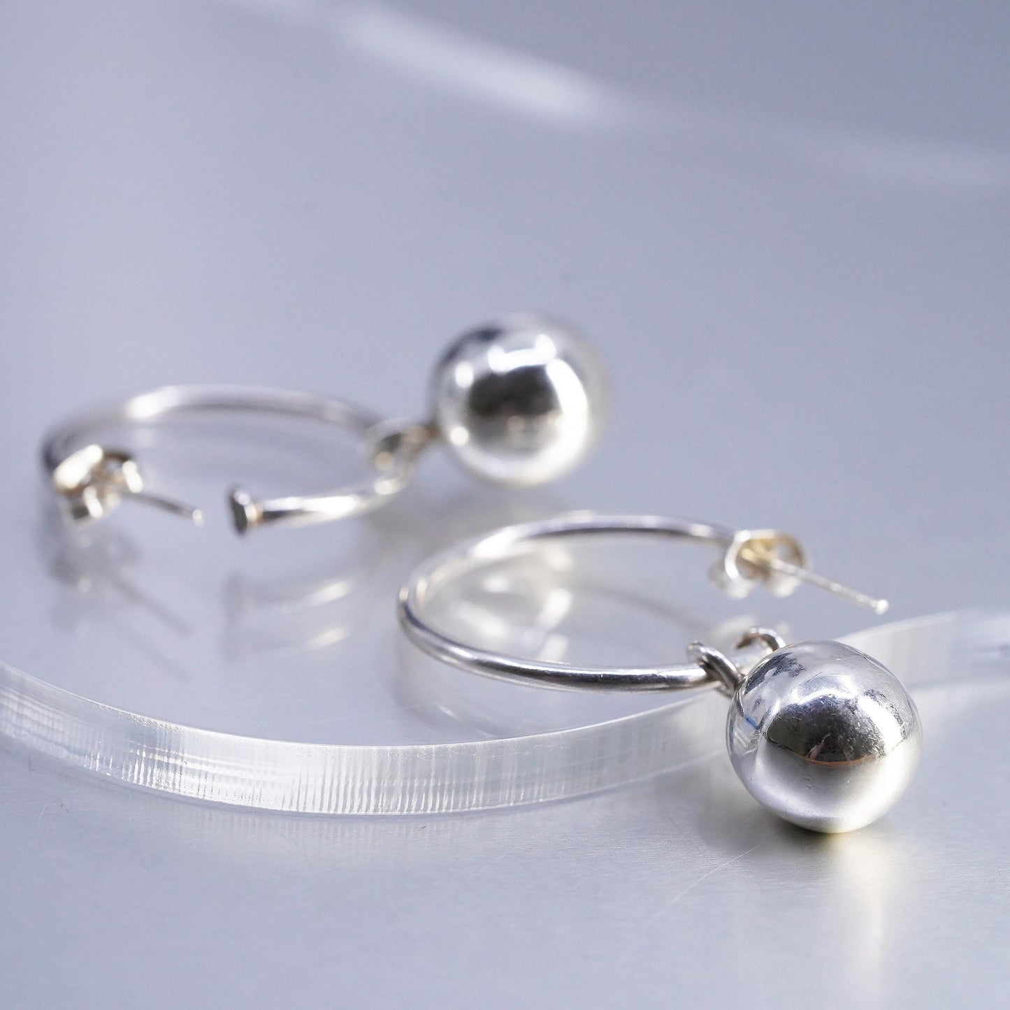1", Vintage Sterling Silver Ball Earrings, 925 Silver bead Dangle Sphere Hoops