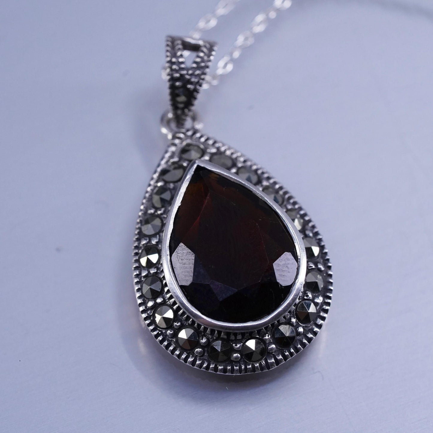 18”, Sterling 925 silver circle necklace garnet marcasite teardrop pendant