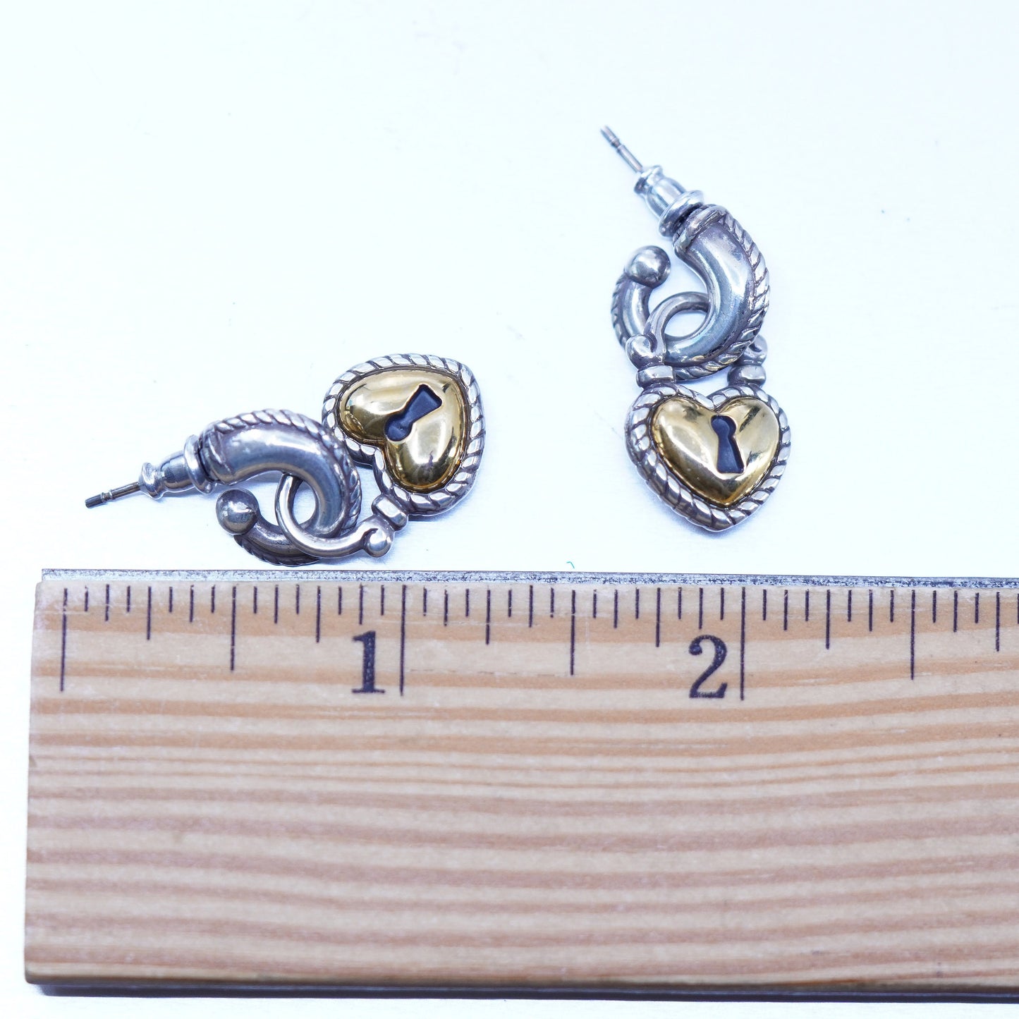 Vintage two tone hoops earrings with heart lock dangle