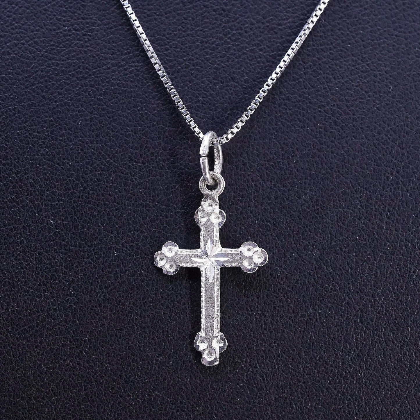18" 1mm, vintage Sterling silver necklace, 925 box chain with cross pendant