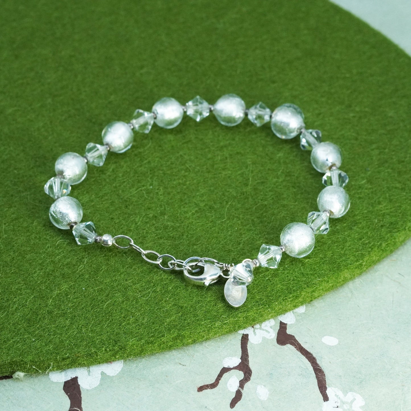 7+1”, lucky clover 925 Sterling silver beads bracelet white artisan glass beads