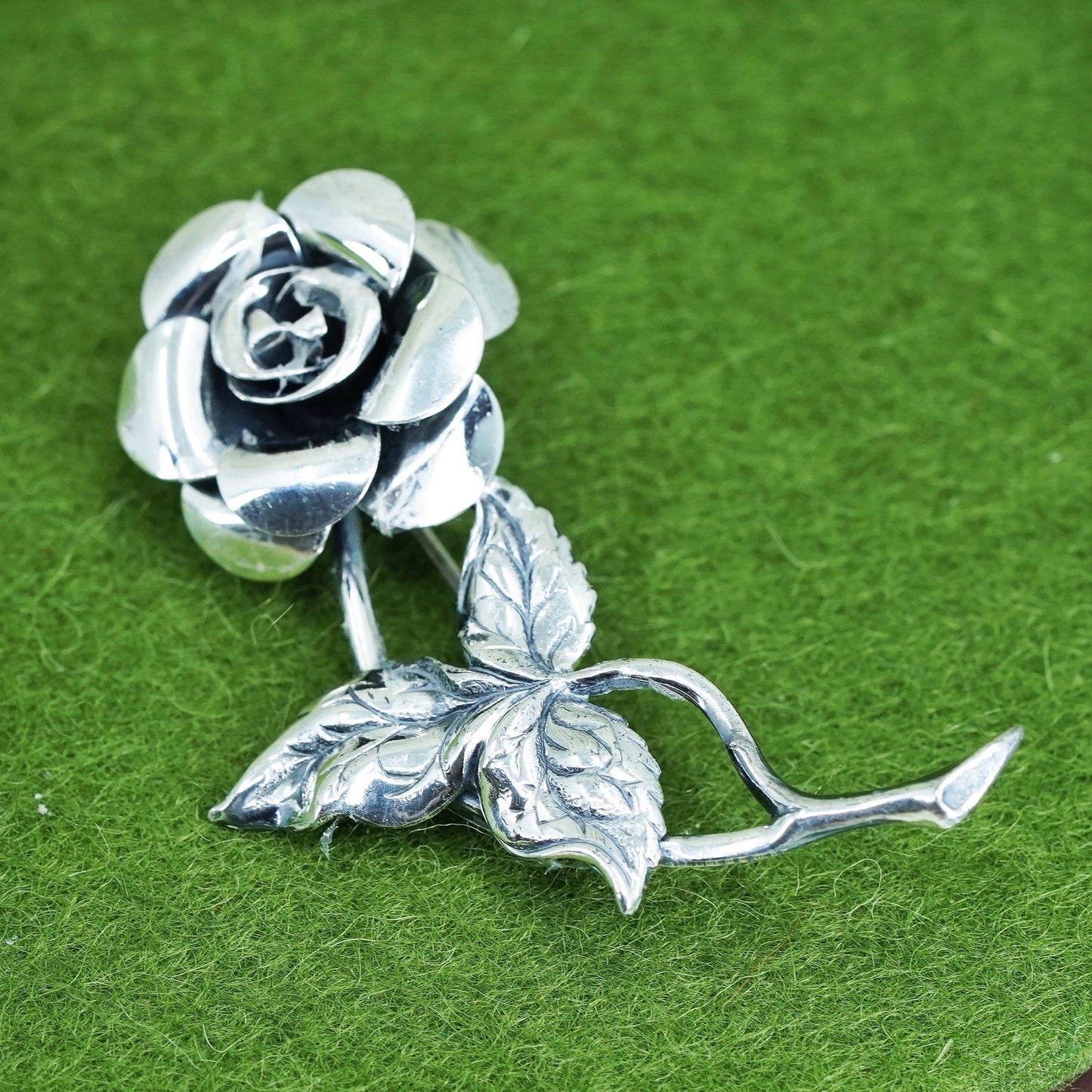 Vintage sterling silver handmade rose flower brooch, 925 silver brooch