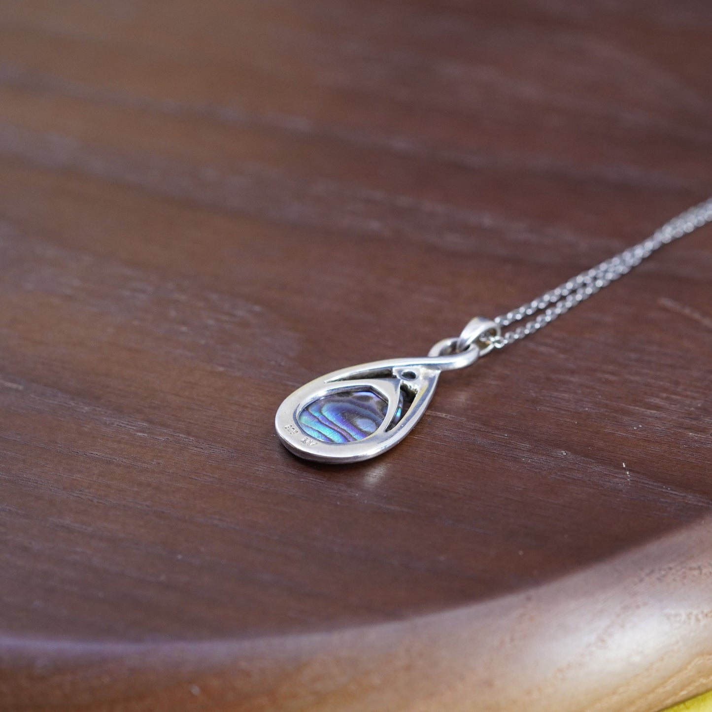 18”, sterling silver necklace, 925 circle chain teardrop abalone pendant