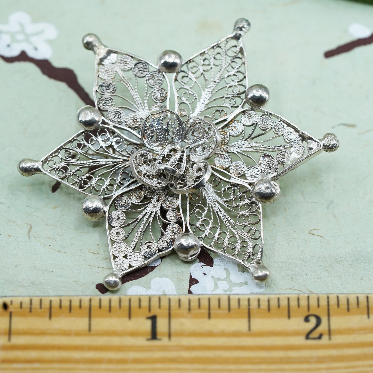 Vintage sterling silver handmade brooch, 925 filigree snowflake pin