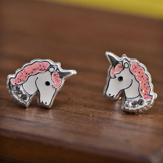 Vintage Sterling silver handmade earrings, 925 unicorn studs with pink enamel