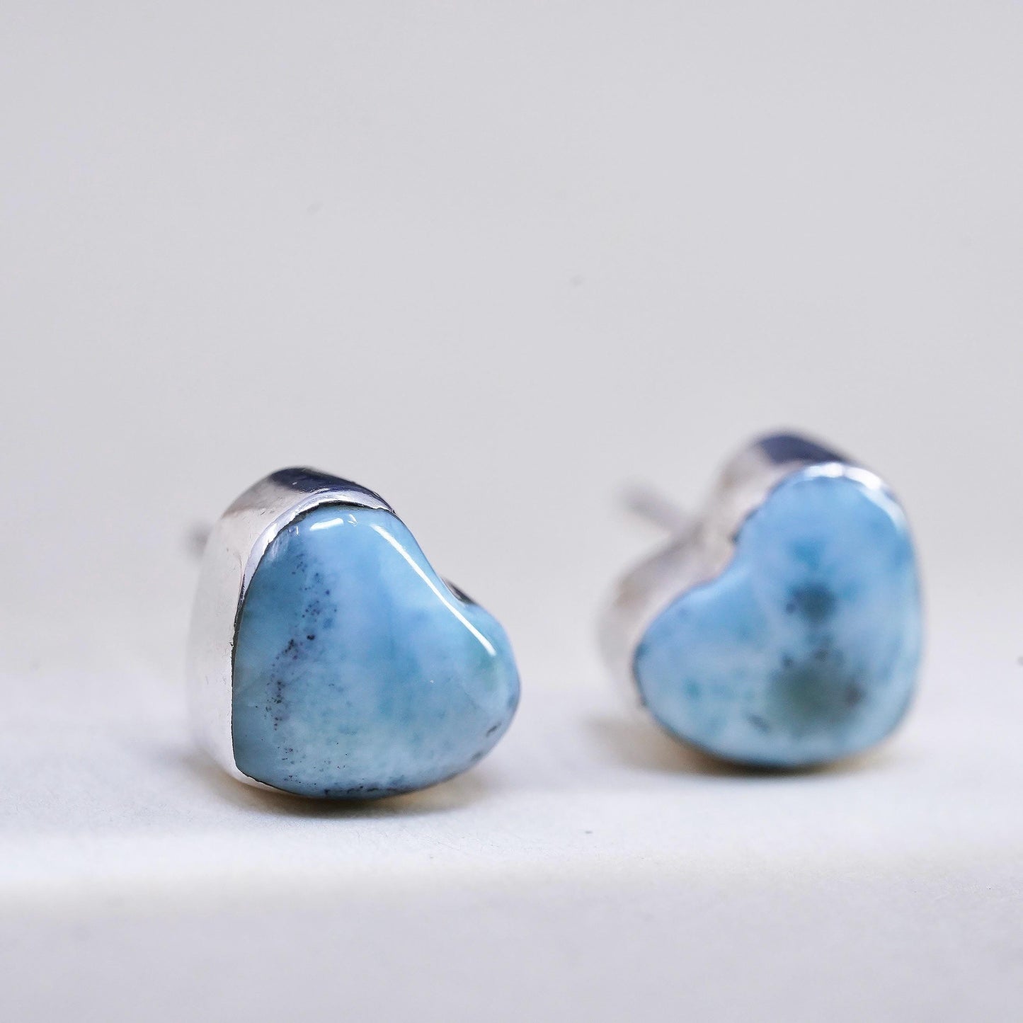 Native American handmade earrings. Sterling 925 silver heart studs with larimar