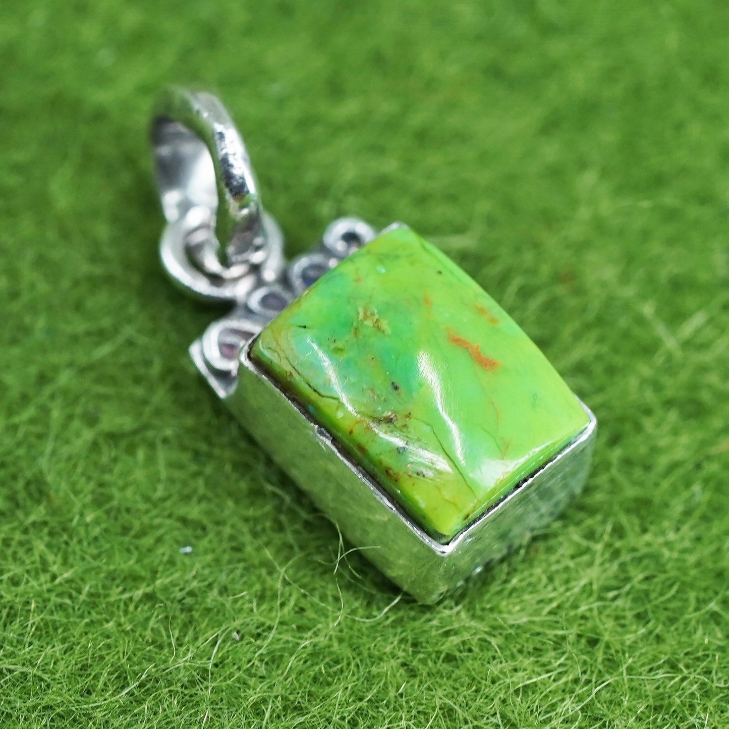 Vintage Sterling silver handmade pendant, 925 rectangular charm with turquoise