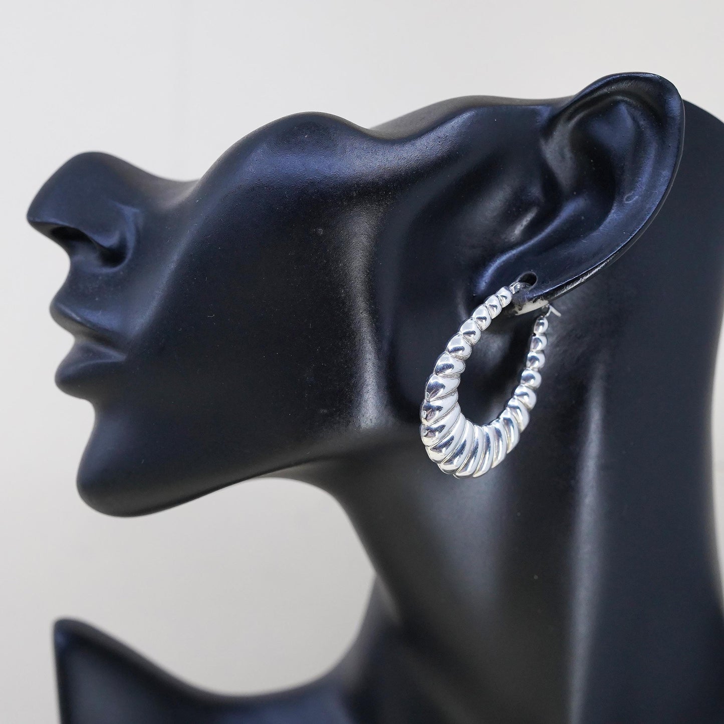 1.5”, Vintage Jordan 925 Sterling Silver Ribbed Hoops, Large Teardrop Earrings,