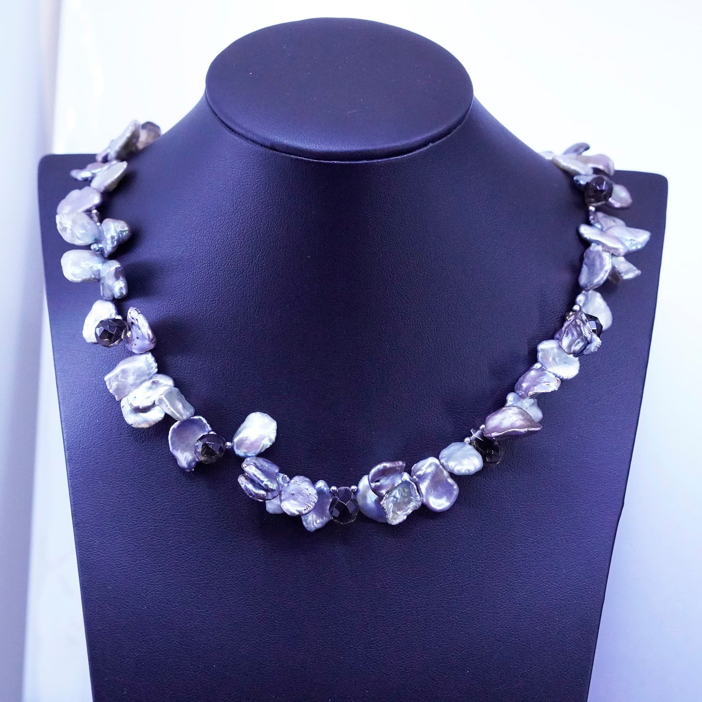 20”, LUC Sterling silver handmade necklace, baroque pearls with smoky crystal