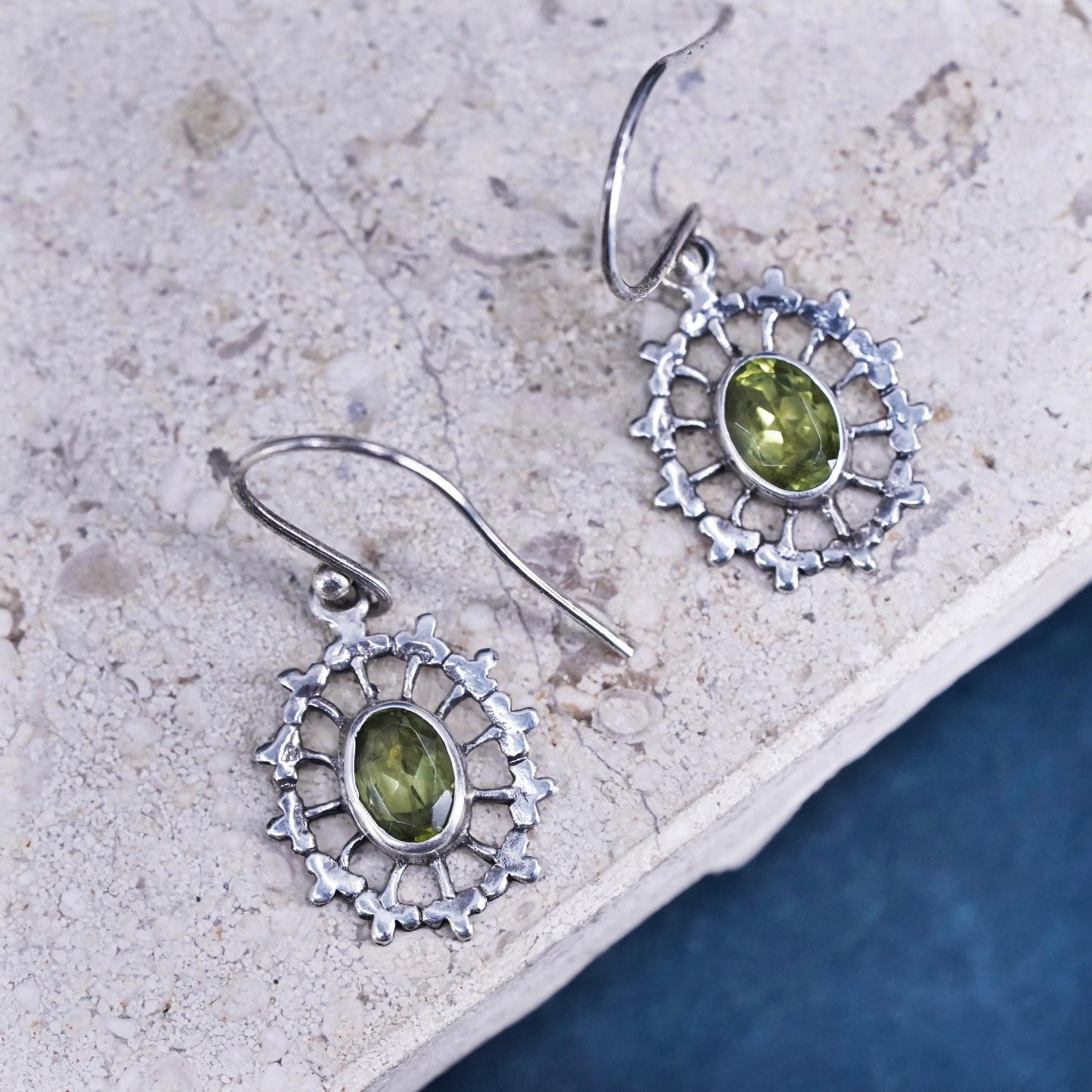 Vintage sterling silver handmade filigree earrings, 925 oval peridot