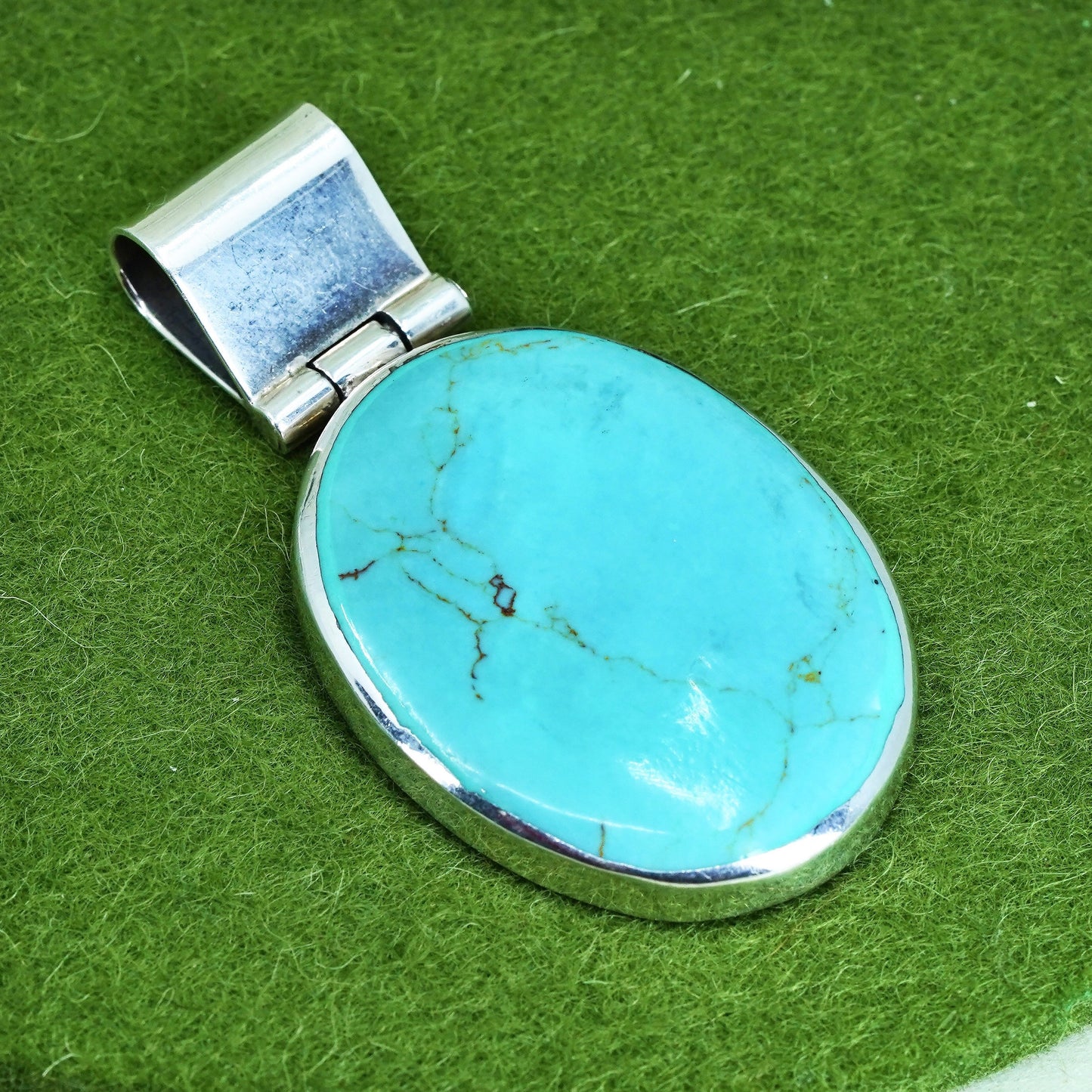 sterling silver handmade pendant, 925 Mexico pendant with huge oval turquoise