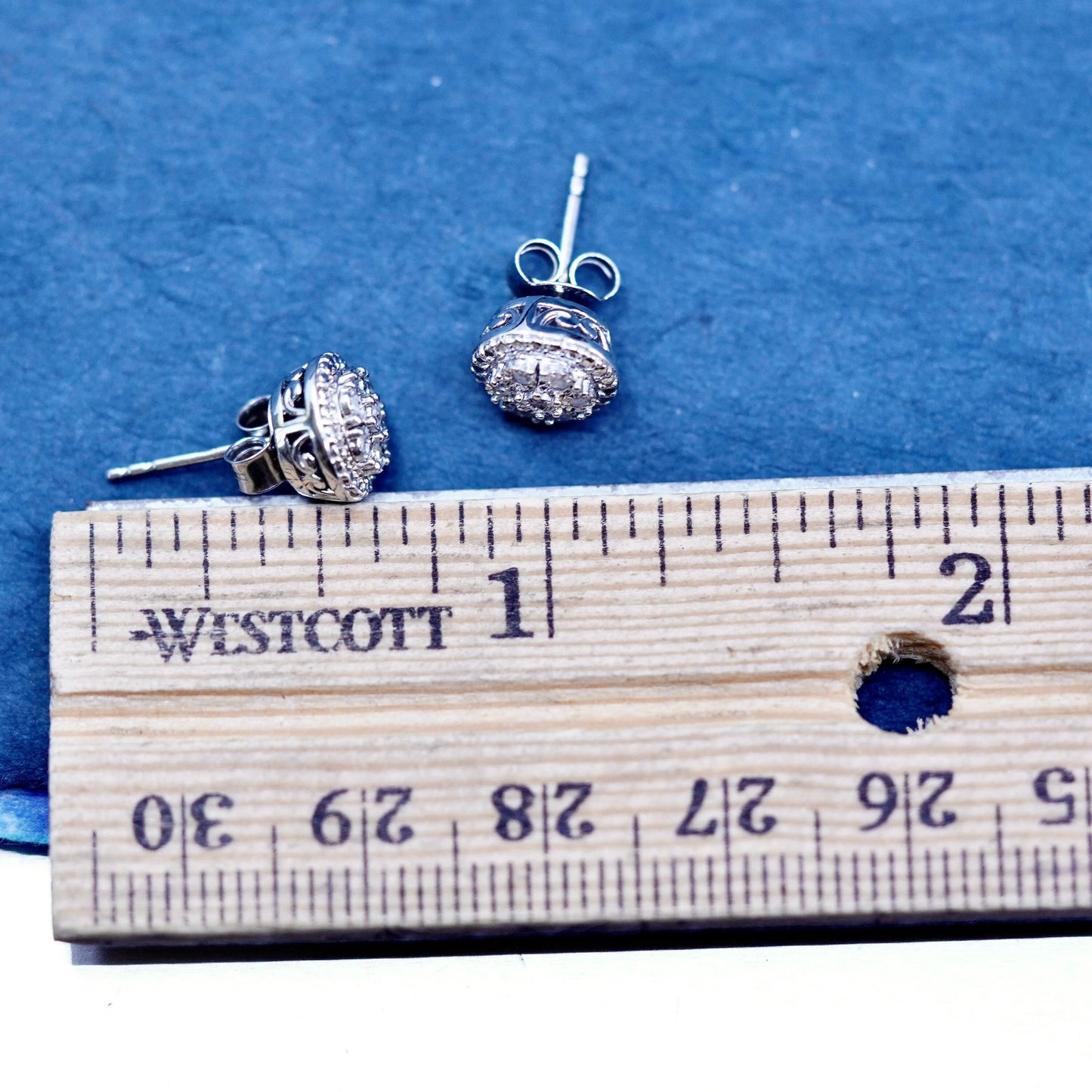 Vintage sterling silver handmade earrings, 925 studs with cluster diamond inlay
