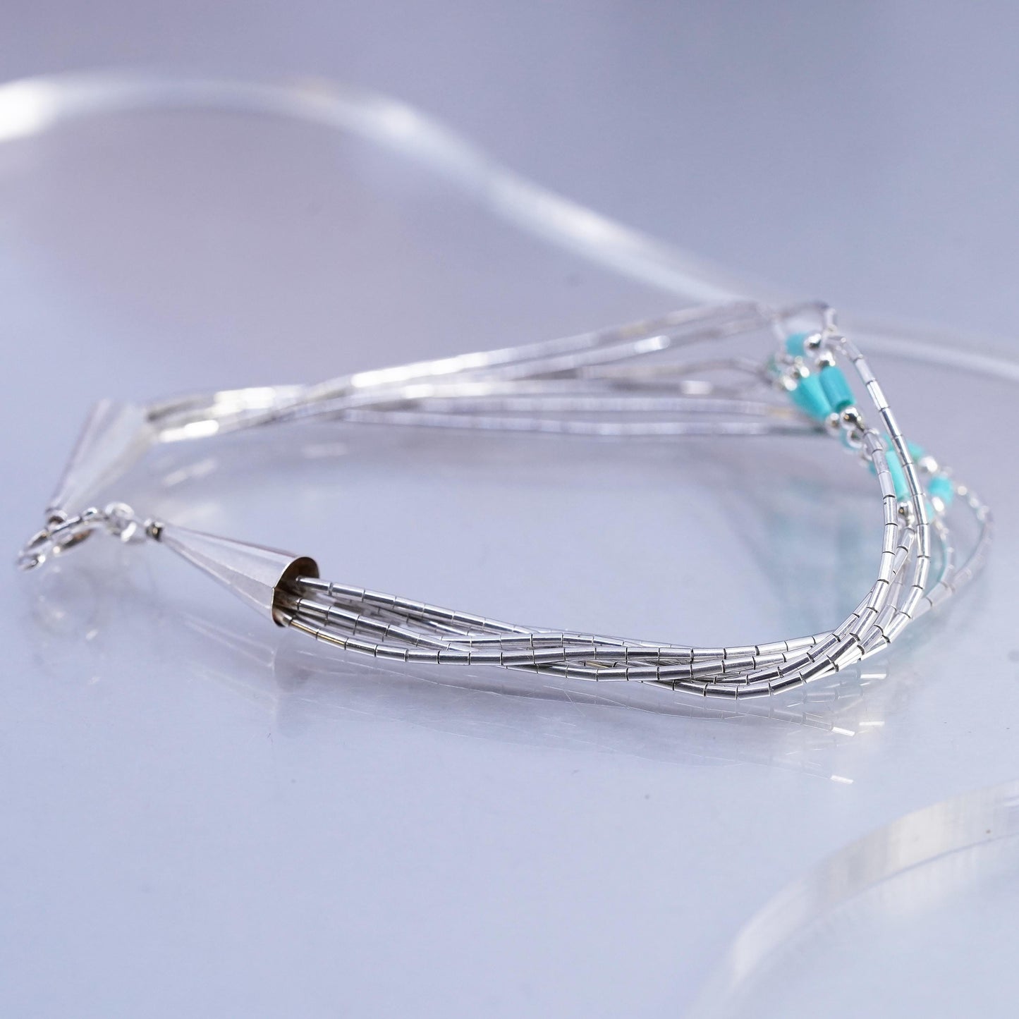 7.25”, Sterling 925 silver handmade bracelet, woven liquid chain with turquoise