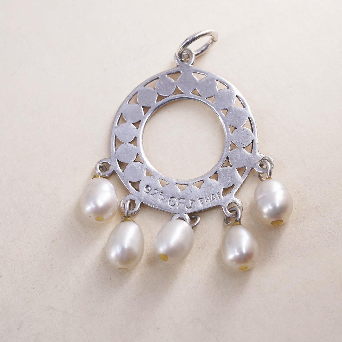 Vintage Sterling silver handmade pendant, 925 beaded circle with pearl dangles