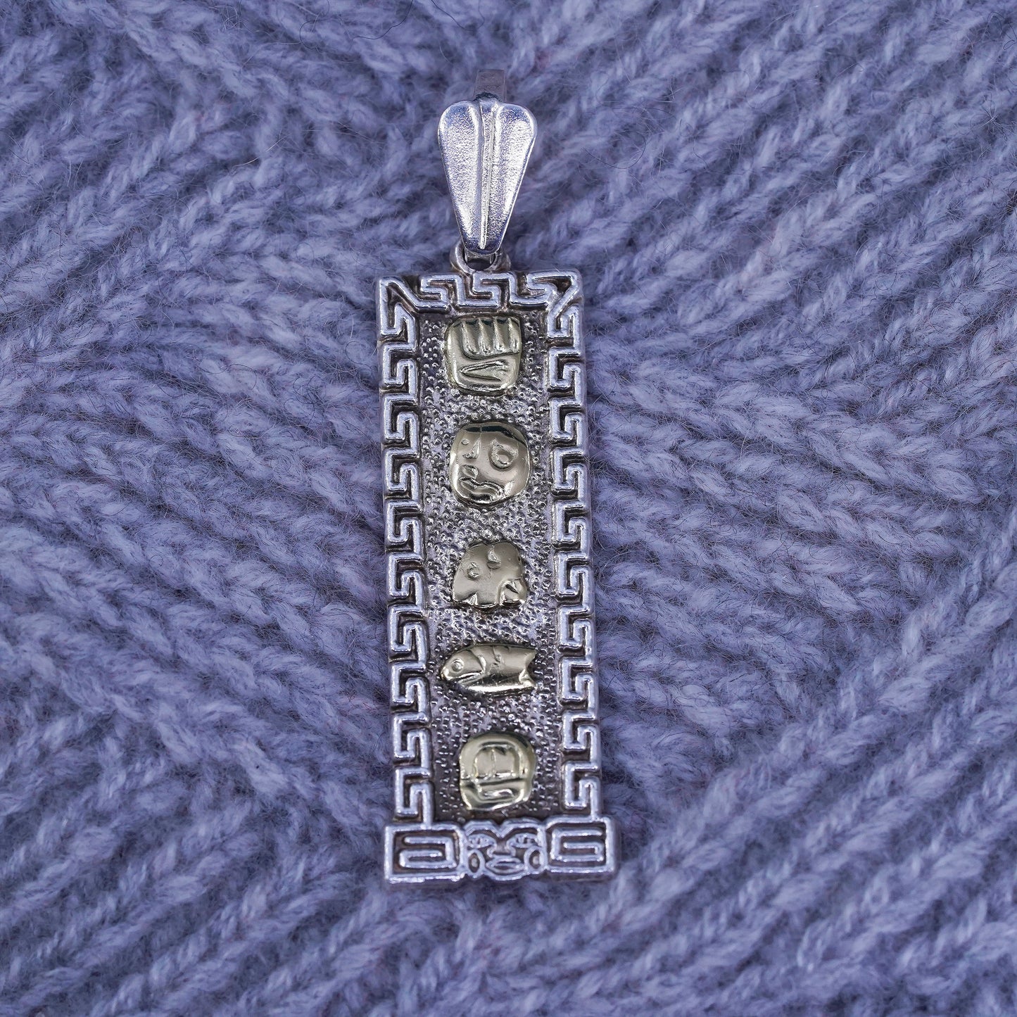 Vintage Oro Maya OM Sterling 925 Silver Two Tone Aztec Cartouche Pendant