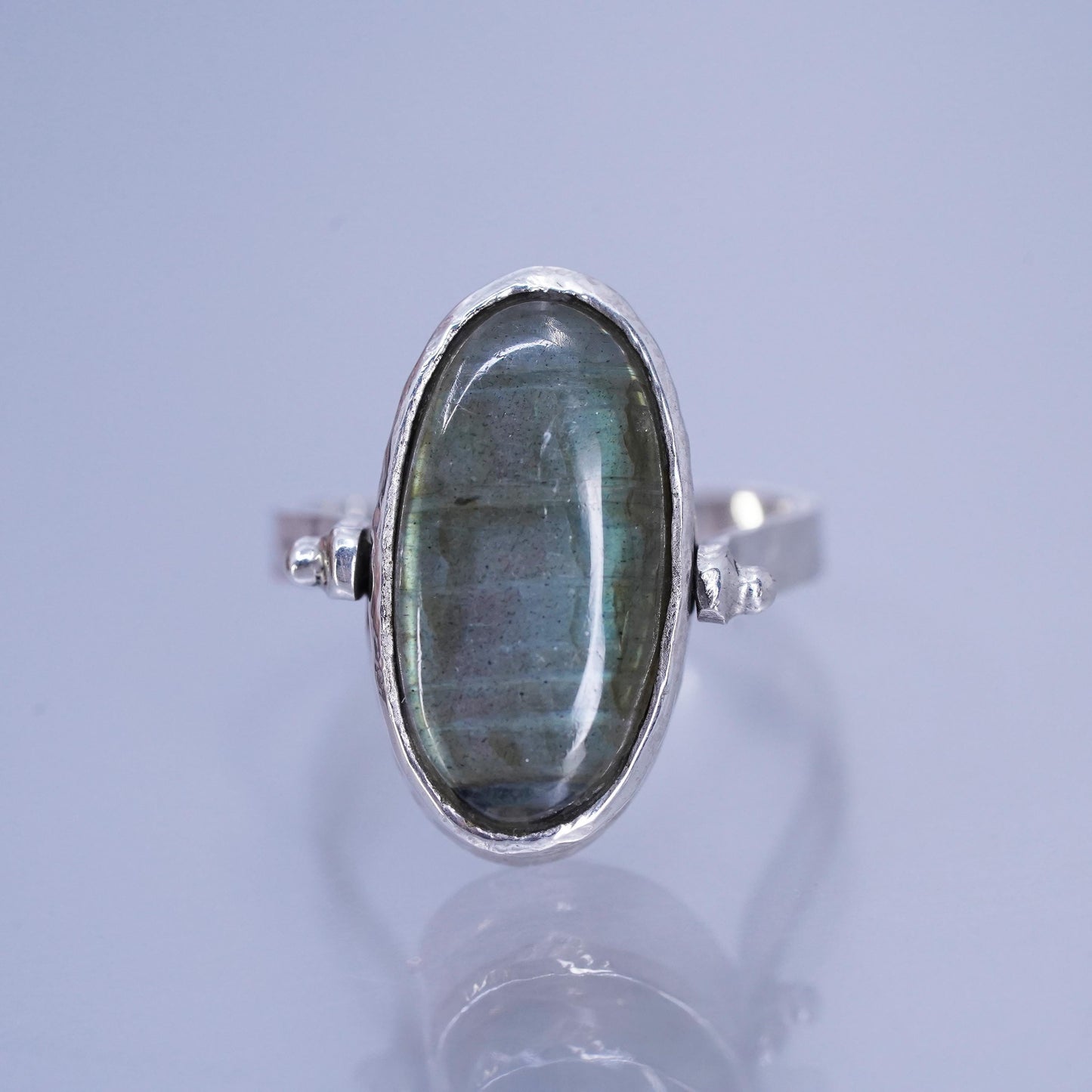 Size 7.5, Sterling 925 silver ring, double sided band with larimar labradorite