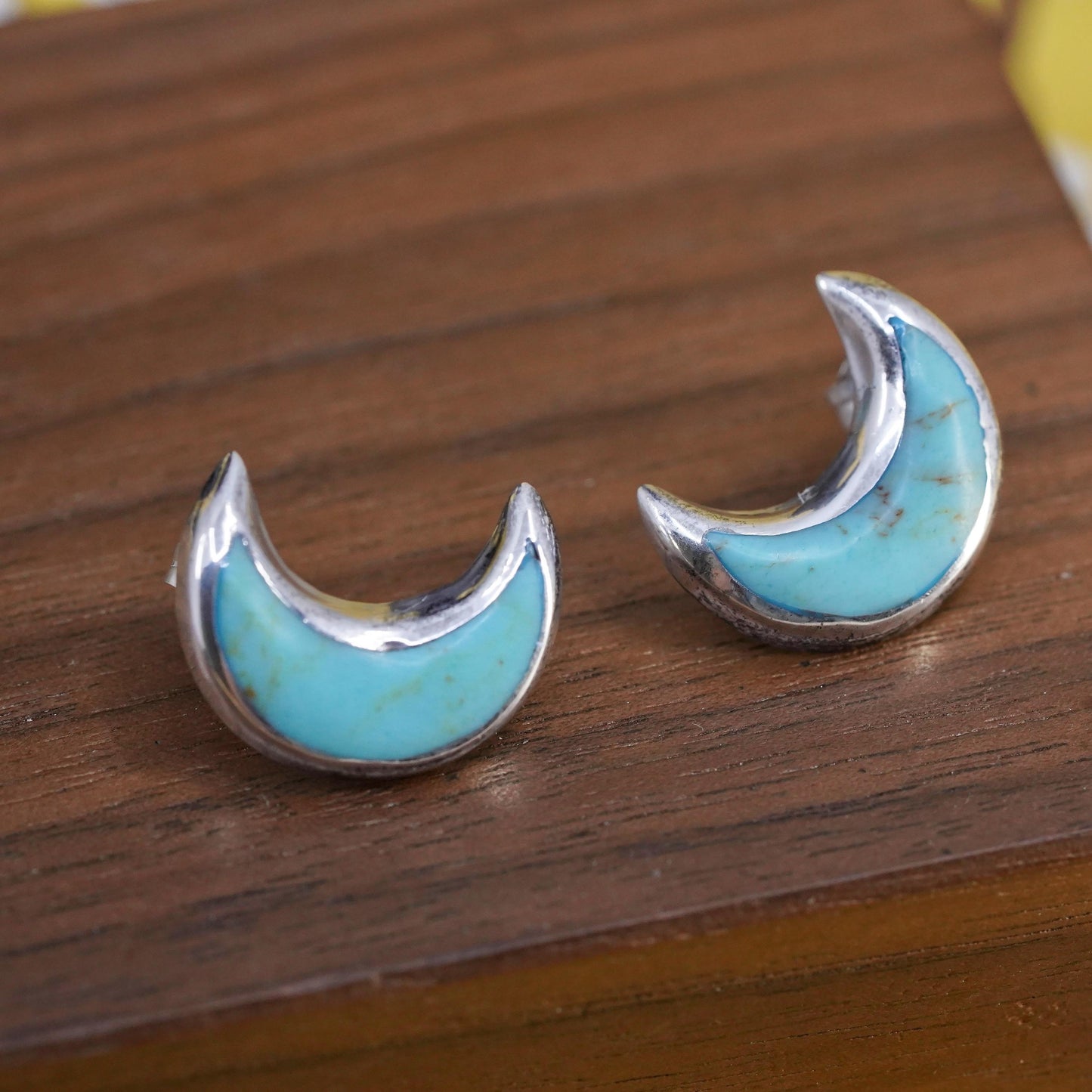 vintage Sterling 925 silver handmade studs, moon earrings with turquoise inlay