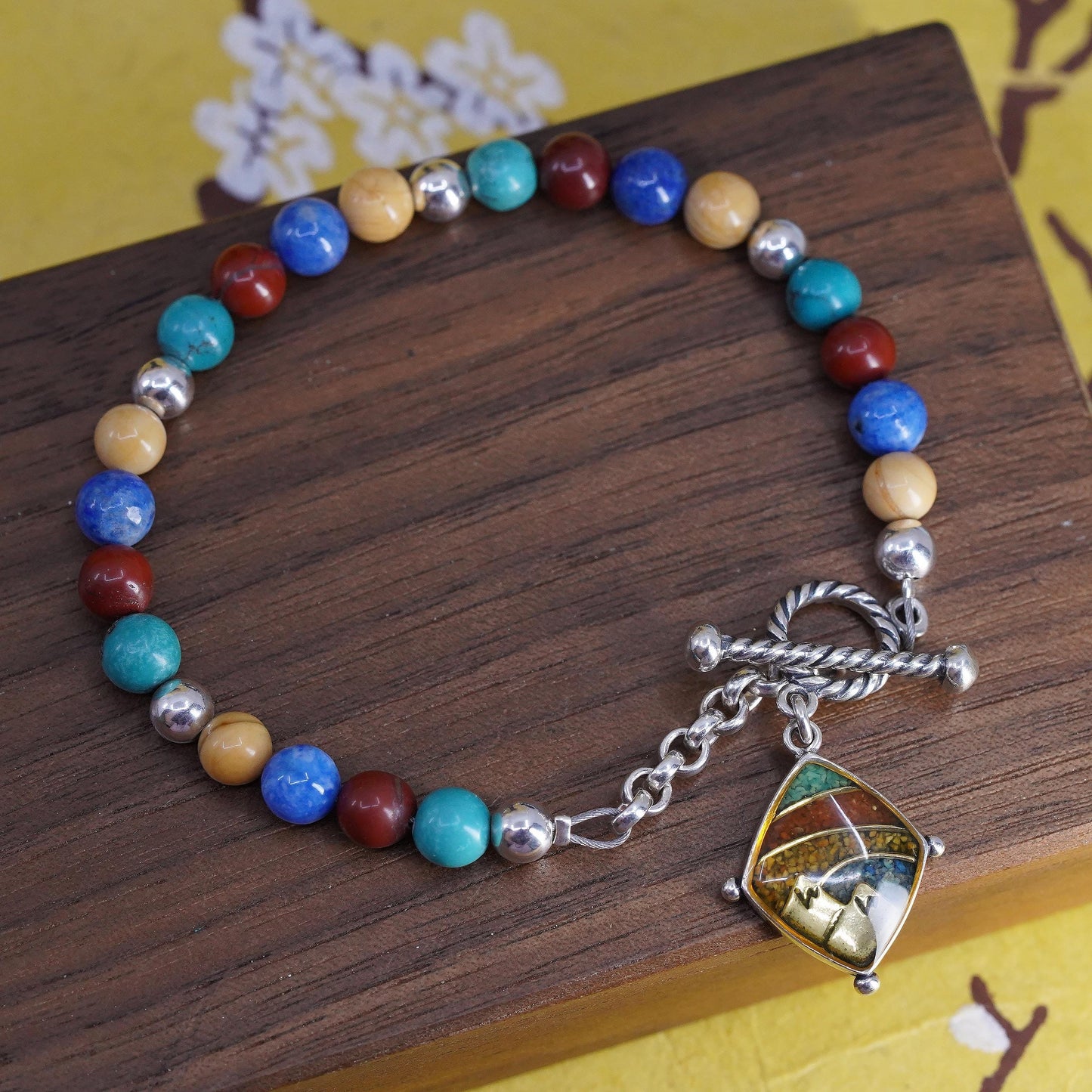 6.5+1", Carolyn Pollack 925 Sterling Silver Beaded Bracelet, Mountain Charm