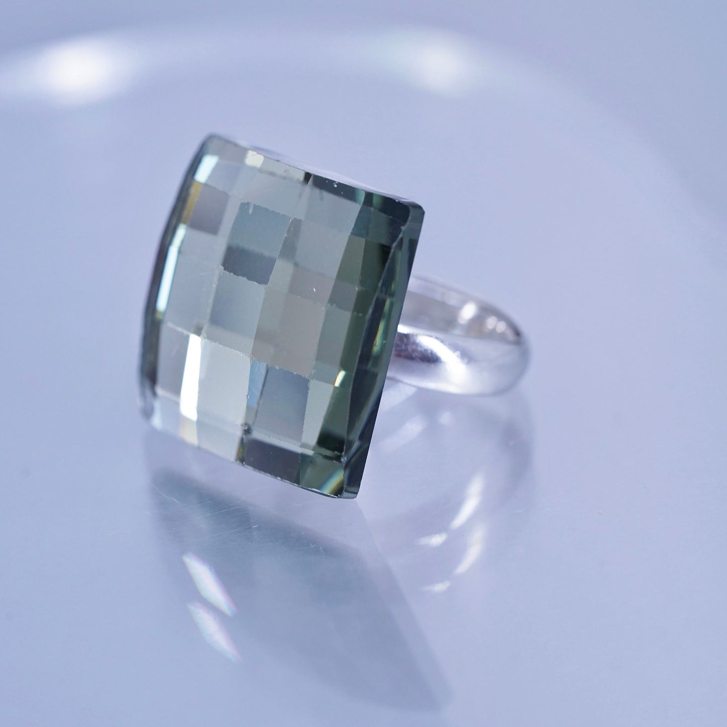 vintage Mexican Sterling 925 silver wavy ring with checkerboard cut glass