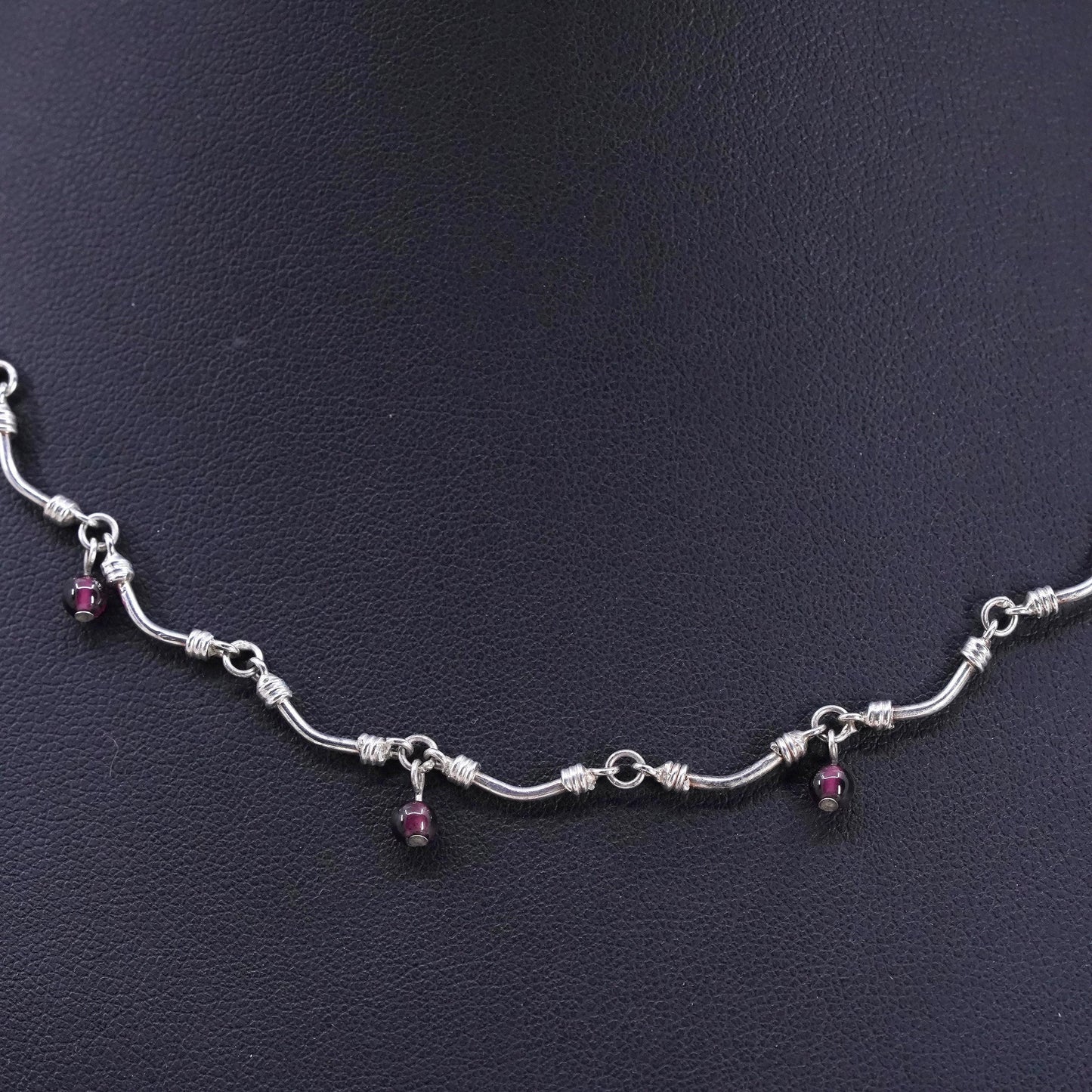 16” 2mm, vintage Sterling silver necklace, 925 bone bar chain with garnet beads