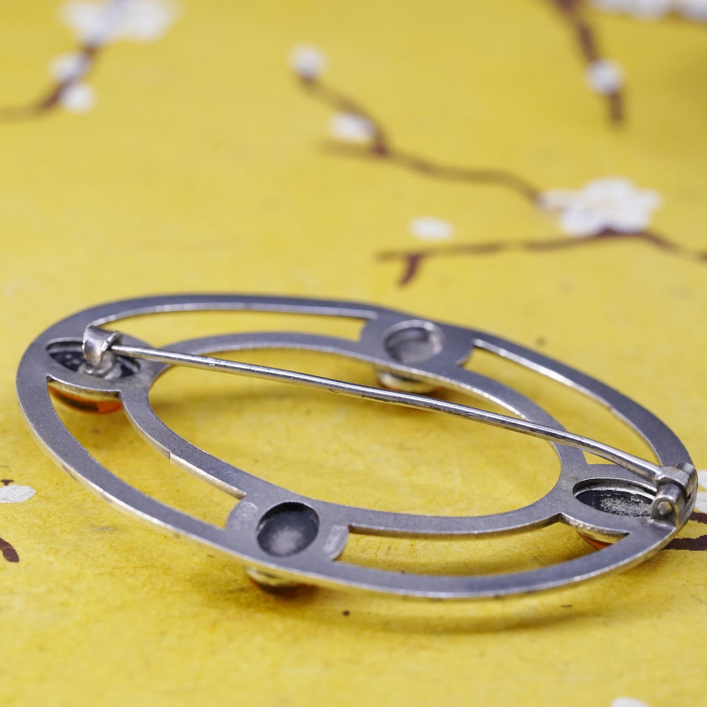 Vintage handmade sterling silver brooch, 925 silver oval with amber details