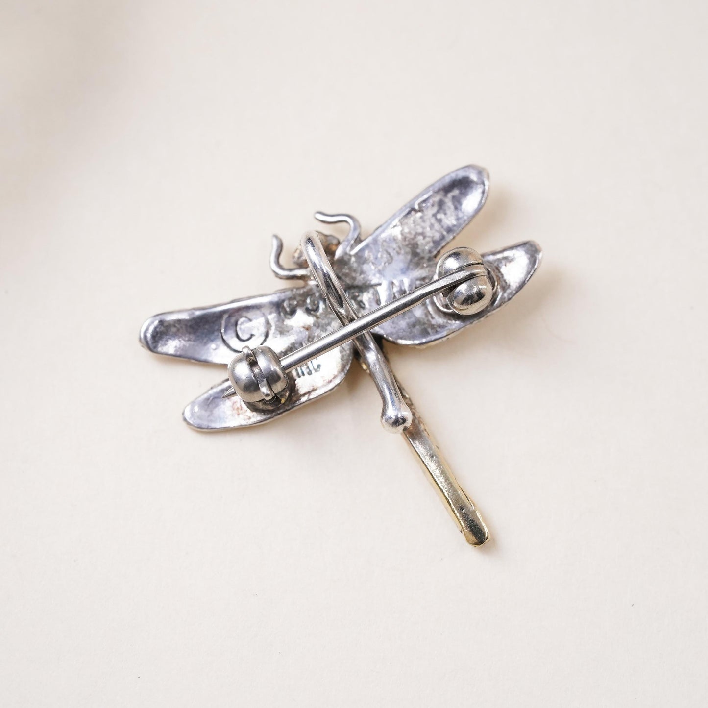 Vintage COURTNEY two tone Sterling silver handmade brooch, 925 dragonfly pin