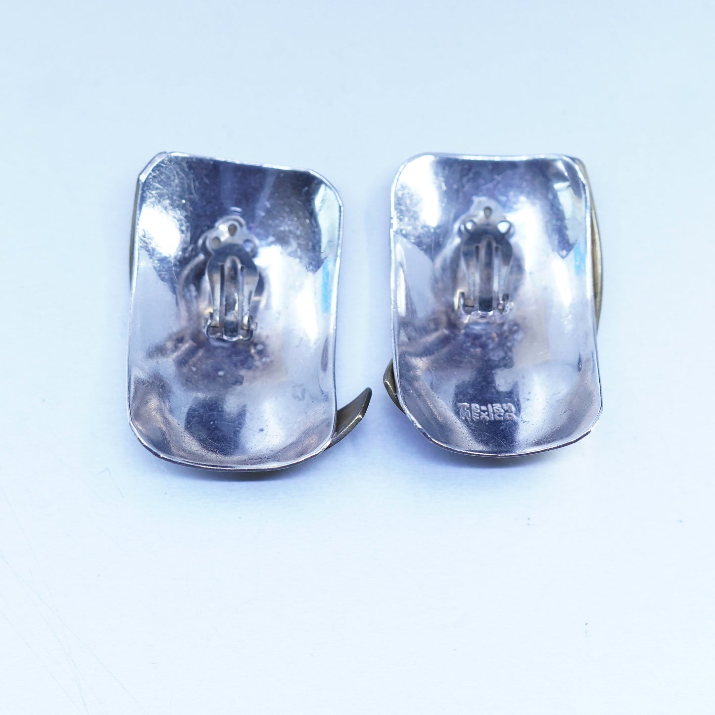 Mexican two tone Sterling 925 silver handmade earrings, clip on w/ brass curve